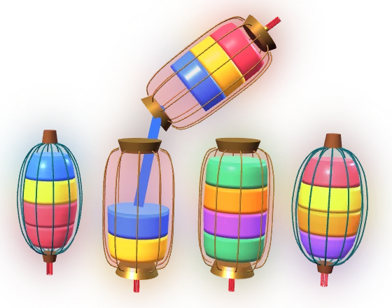 Five glowing lanterns filled with bands of colored light, one tipping to pour blue light into another.