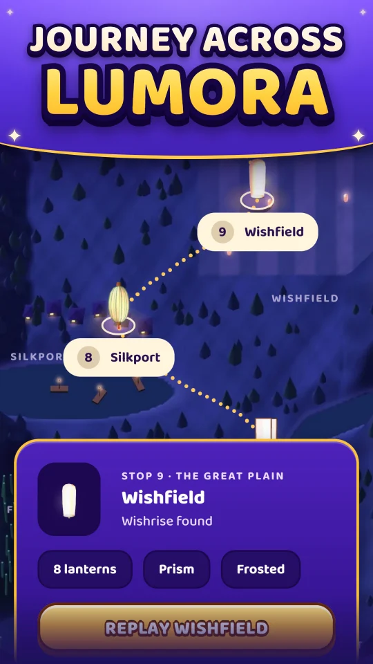 The journey map with lanterns turning at Silkport, Wishfield and Cape Lumen.